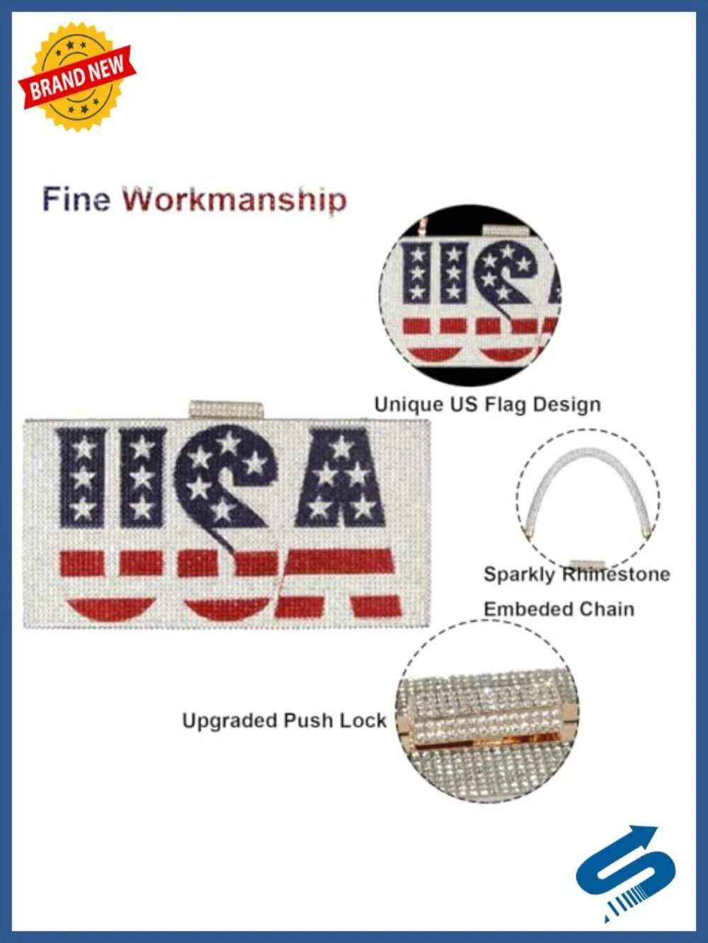 Rhinestone American Flag Crossbody Evening Clutch Purse
